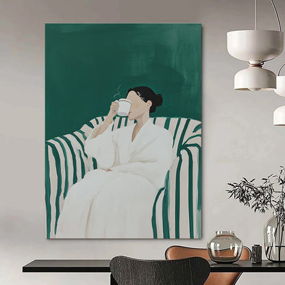 Woman in White Robe Drinking for Cozy Reading Nook & Modern Wellness Space STSC1122