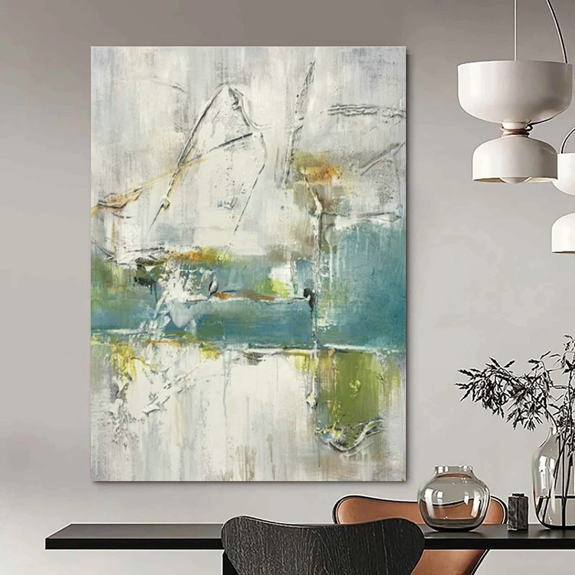 Gray - White - Green Abstract Art for Modern Living Room & Art Gallery DLZ1780