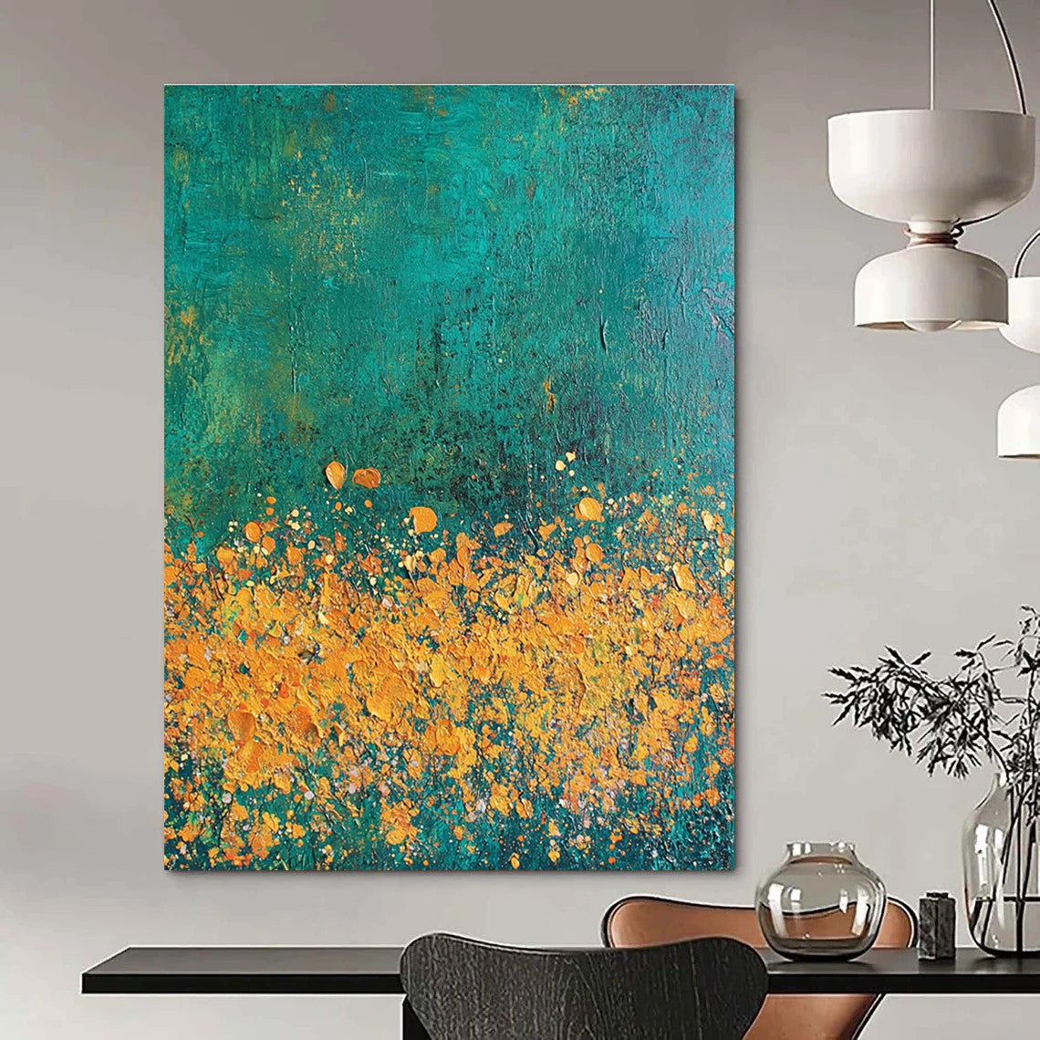 Yellow Flowers on Teal Art for Garden - Themed Café & Nature Lover’s Bedroom STSC1110