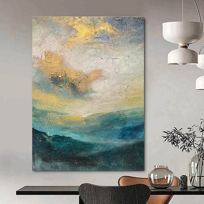 Gold - Blue Landscape - Inspired Abstract Art for Coastal Villa & Art - Themed Café DLZ1901