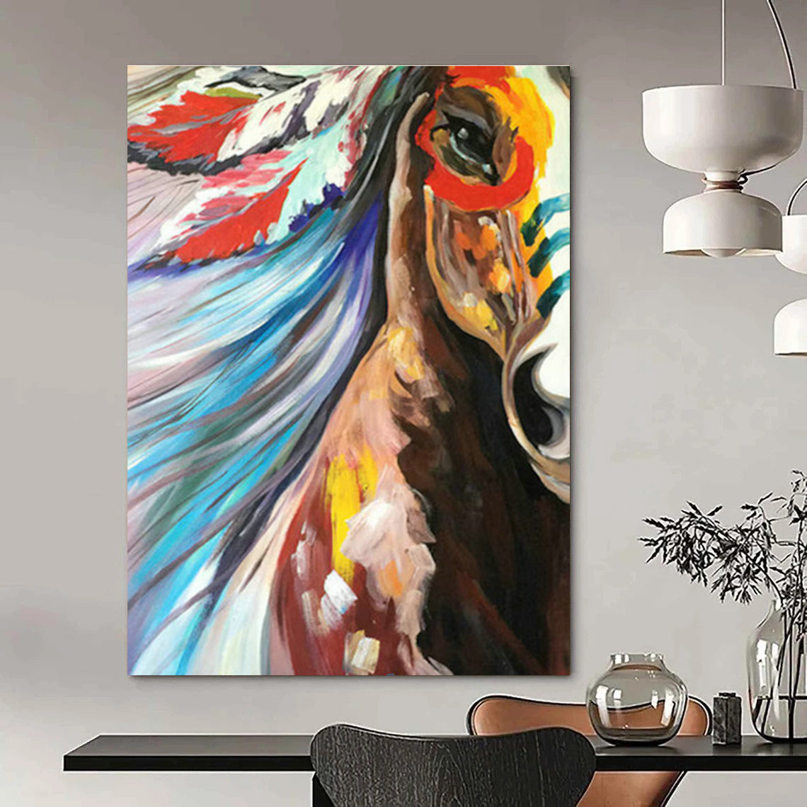 Colorful Headdress Horse Art for Bohemian Bedroom & Cultural Art Exhibit DLZ1433