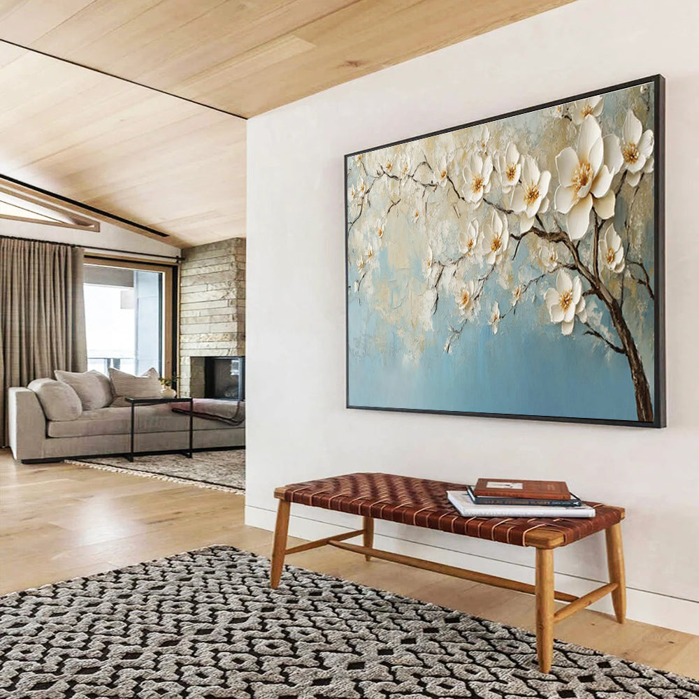 Textured White Blossom Relief Art for Elegant Dining Room Ambiance DLZ3055