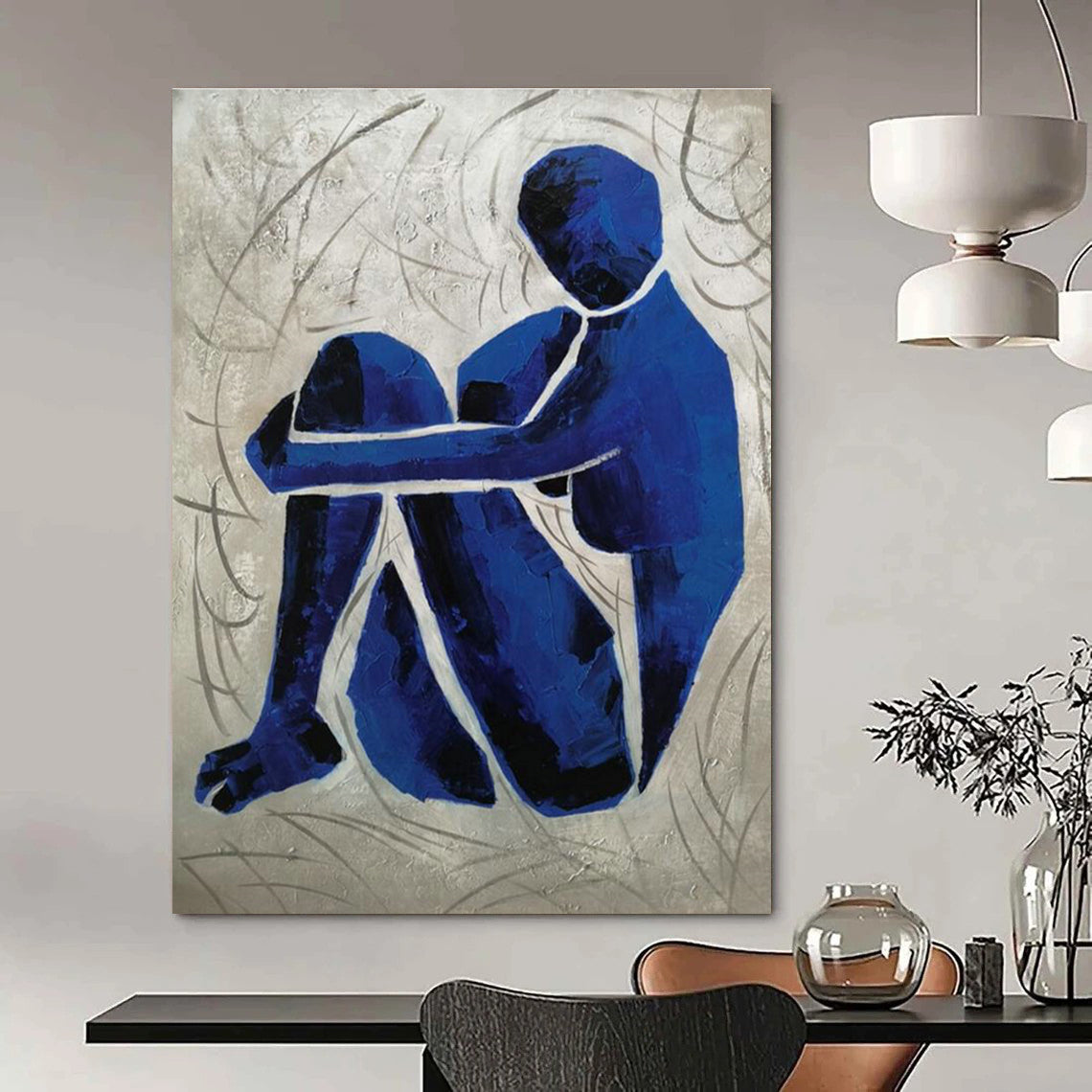 Contemplative Blue Figure Art for Therapy Space & Thoughtful Library DLZ2269
