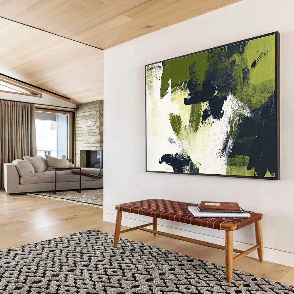 Green - Black Abstract Brushstrokes Art for Eco - Friendly Café & Modern Garden - Themed Office SC248