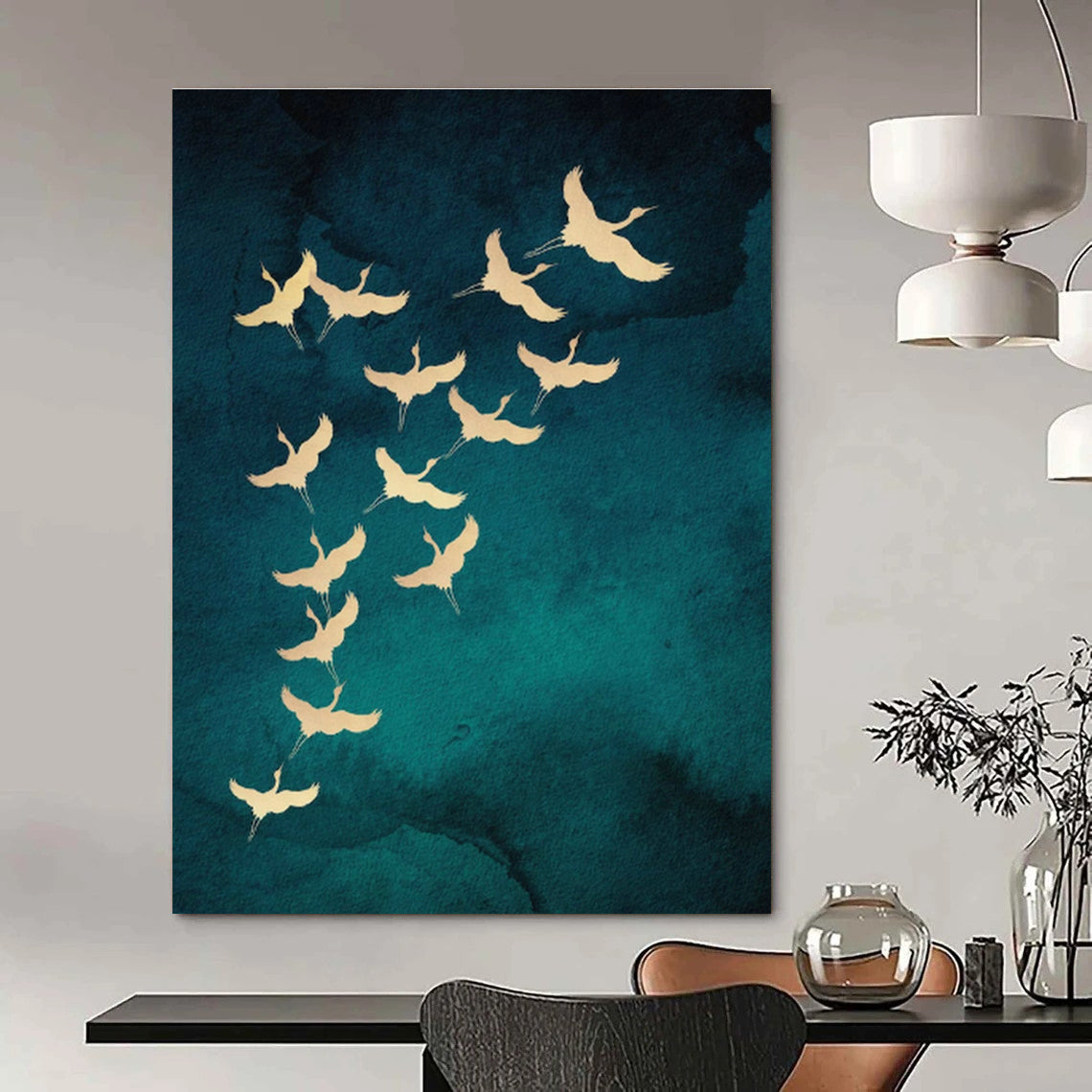 Golden Cranes in Flight Art for Living Room & Bedroom DLZ0389