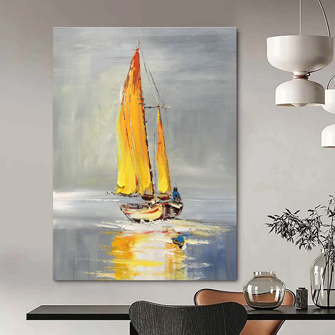 Yellow - Sailed Boat Oil Painting for Lakeside Café & Bright Coastal Kitchen DLZ0855