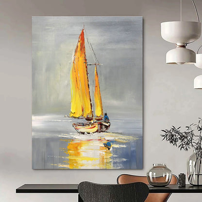 Yellow - Sailed Boat Oil Painting for Lakeside Café & Bright Coastal Kitchen DLZ0855