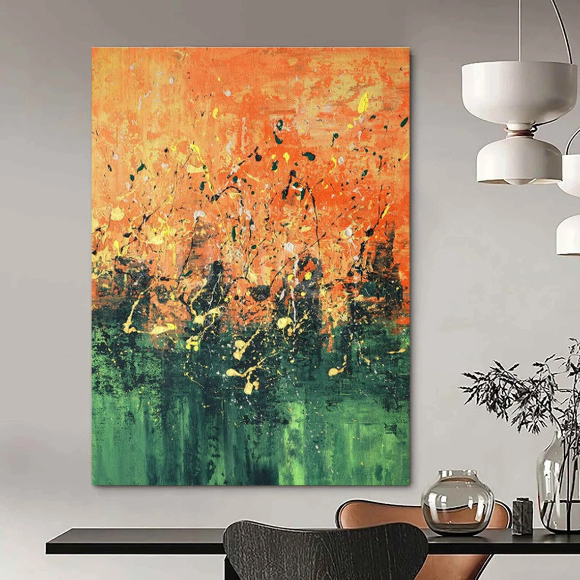 Orange - Green Splatter Abstract Art for Living Room & Art Studio DLZ0445