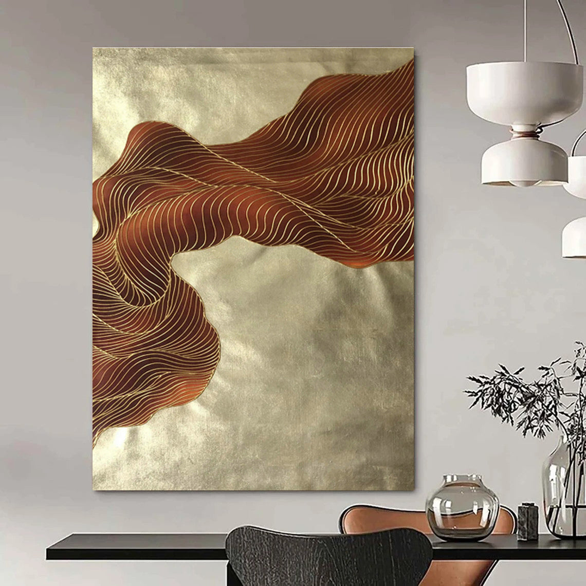 Gold - Brown Line Fabric Art for Living Room & Bedroom DLZ0537