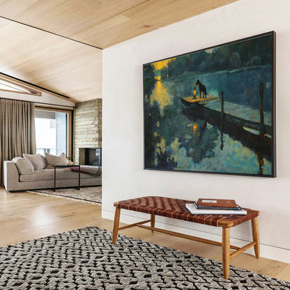 Lakeside Dog & Lantern Oil Painting for Rustic Cabin Living Rooms DLZ2605