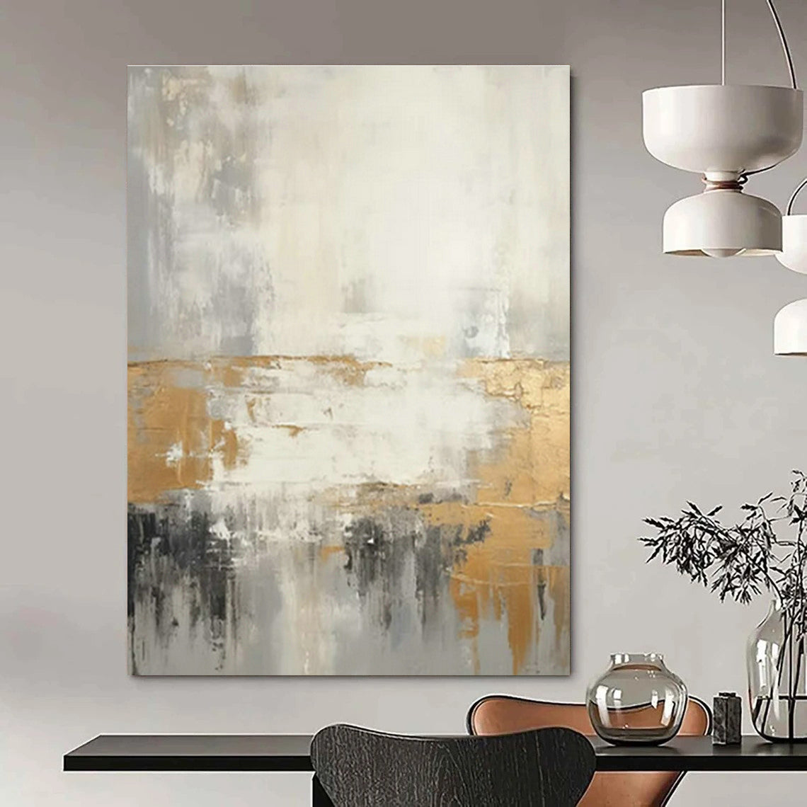 Gold - Gray - White Abstract Art for Luxury Hotel Suite & Modern Home Dining Room DLZ1742