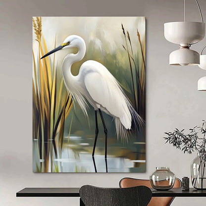 White Egret in Reed Bed for Coastal Home Living Room & Bird - Watching Club STSC1293
