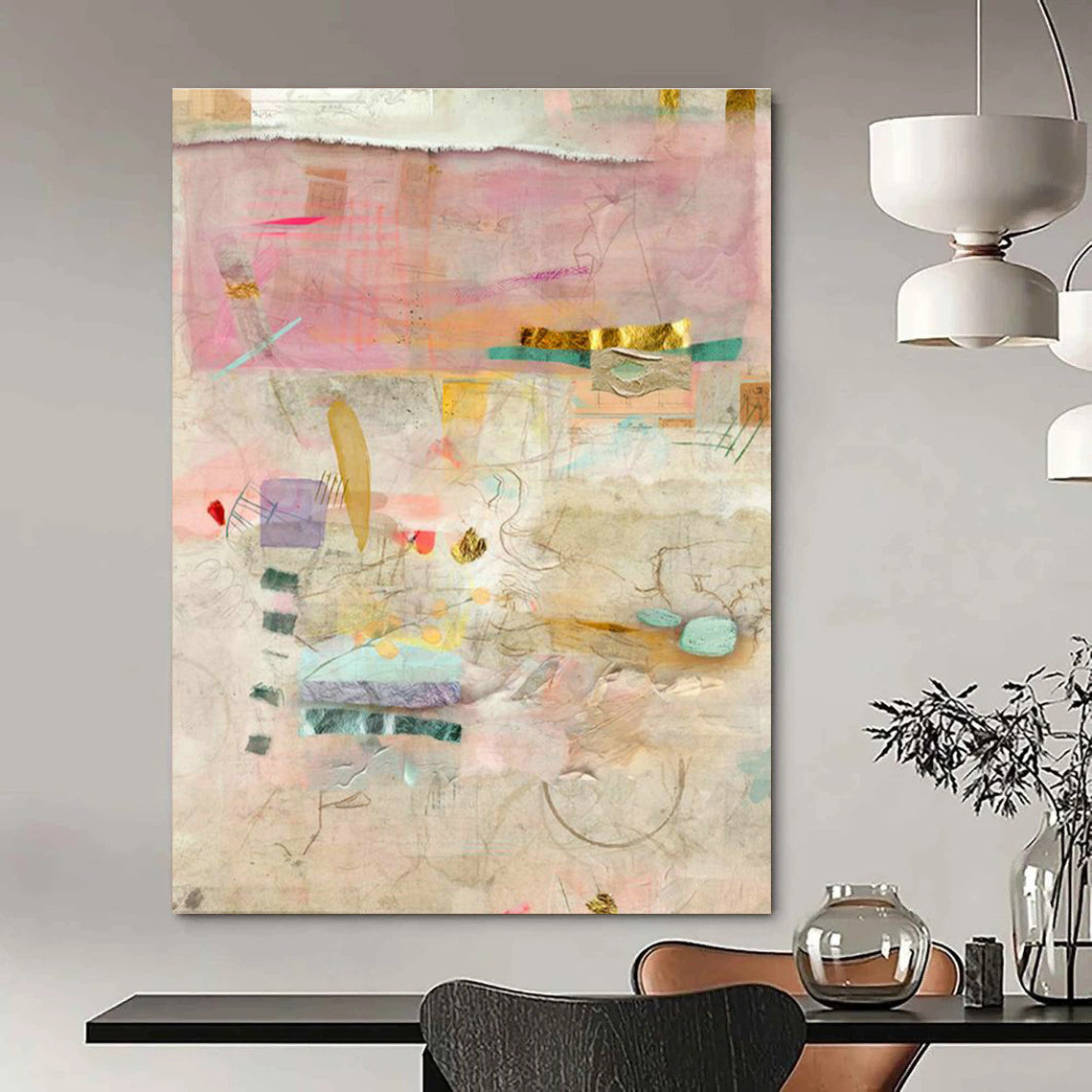 Pink - Gold Collage Abstract Art for Luxury Hotel Lobby Seating Areas DLZ0084