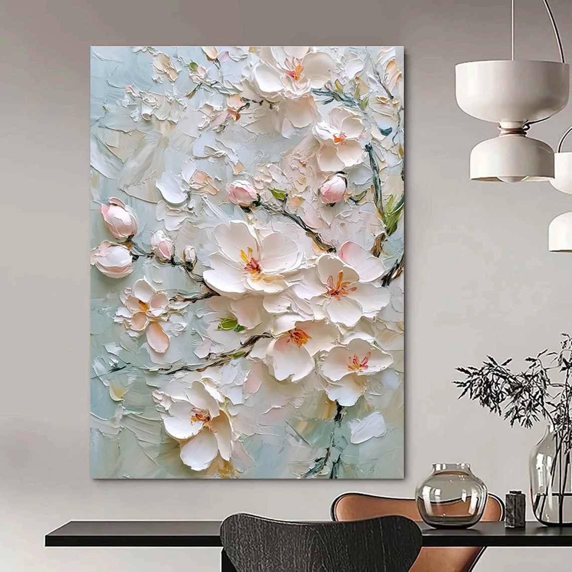 Textured White Flowers on Light Blue Art for Coastal Home Living Area & Spa - Like Bathroom STSC1364