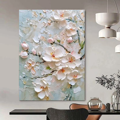 Textured White Flowers on Light Blue Art for Coastal Home Living Area & Spa - Like Bathroom STSC1364