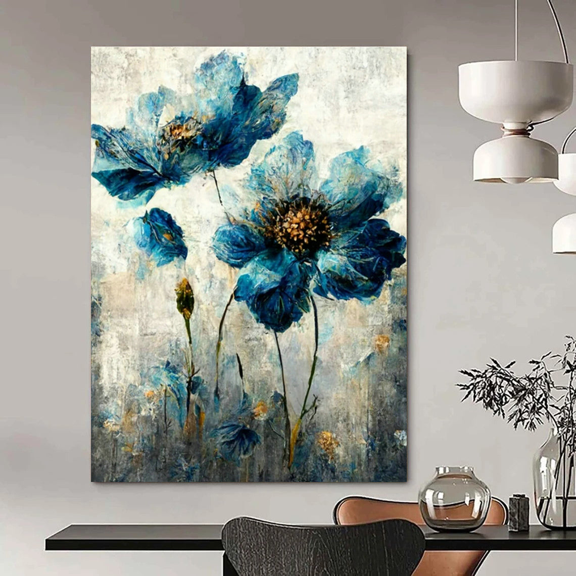Blue Floral Oil Painting for Elegant Bedroom & Floral - Themed Café DLZ1820