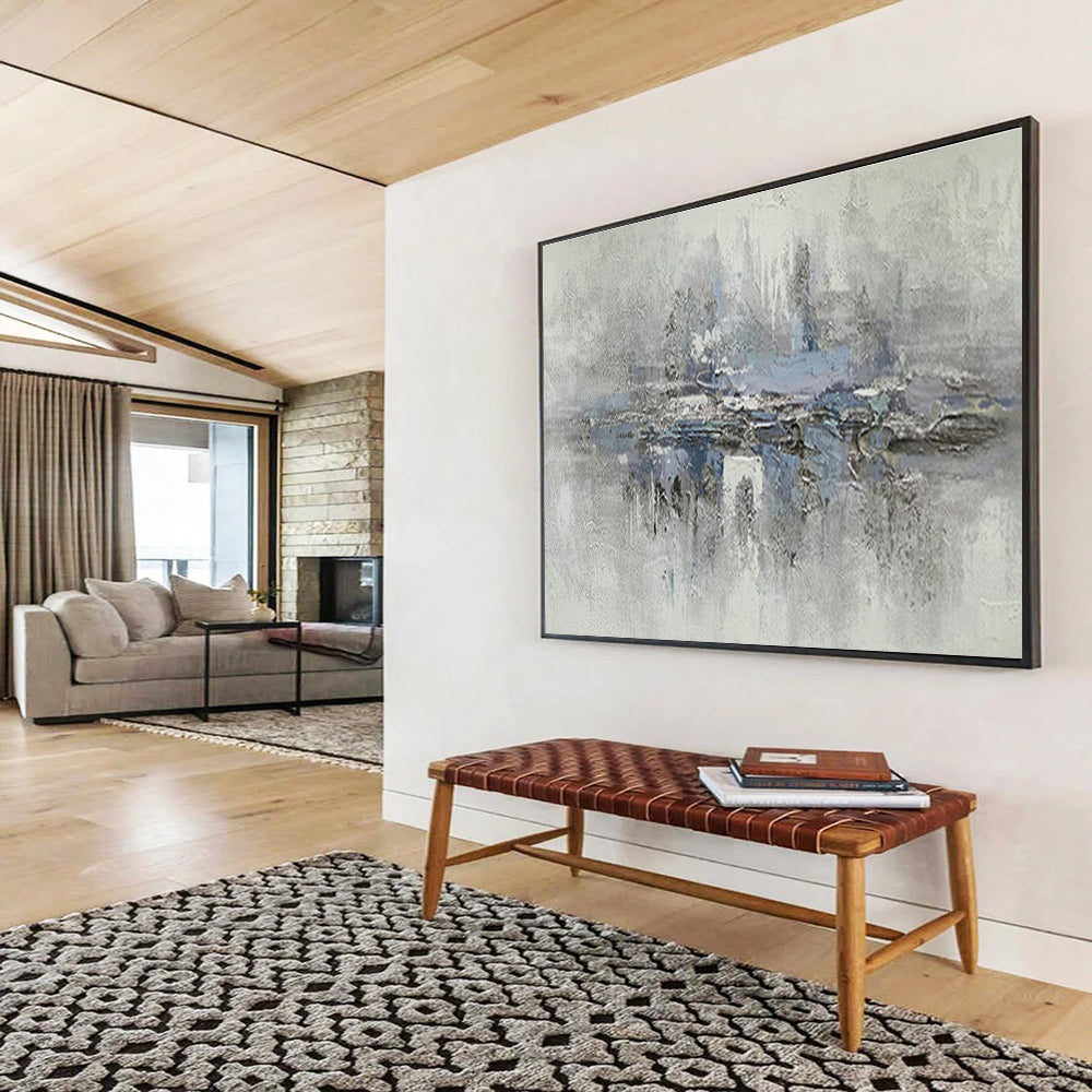 Grey - Blue Lakeside Landscape Art for Serene Living Room DLZ2733