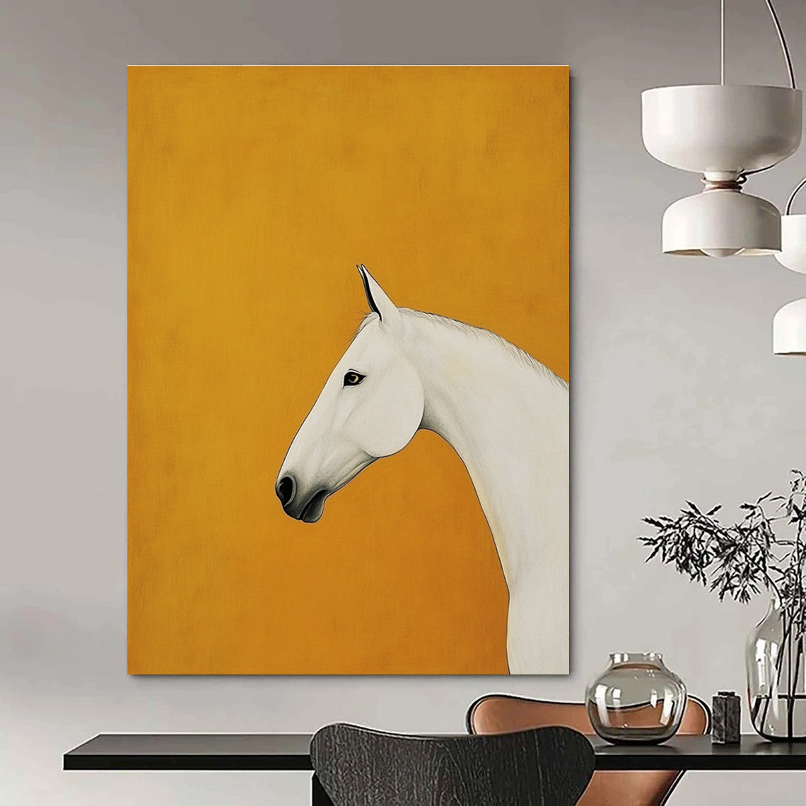 White Horse on Orange Background Art for Equestrian - Themed Home & Luxury Hotel Lobby STSC1348