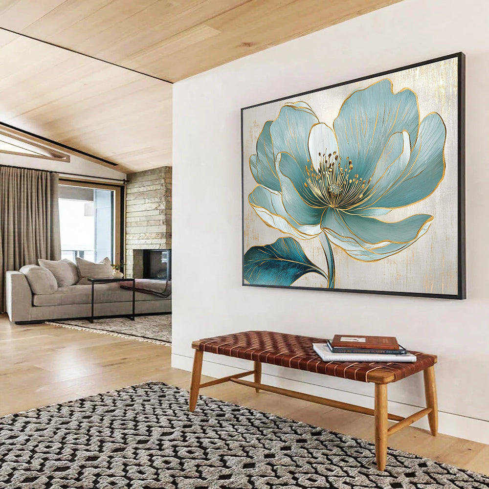 Blue Flower with Gold Accents Art for Luxury Home Bedroom & High - End Spa SC423