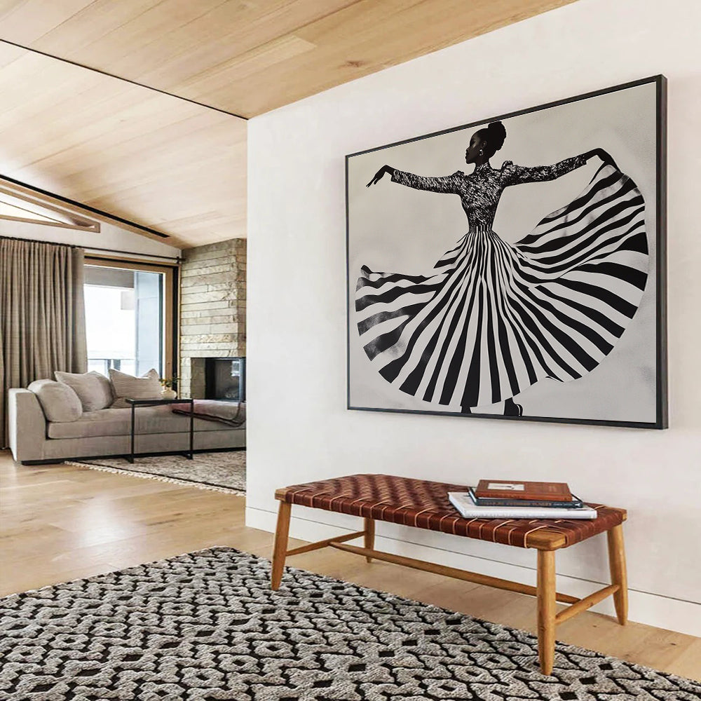 Dancing Figure in Striped Skirt Art for Fashion Boutique & Dance Studio SC426