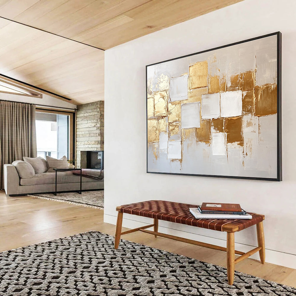 Gold and White Geometric Abstract Art for Luxury Hotel Suite & Upscale Art Gallery SC292