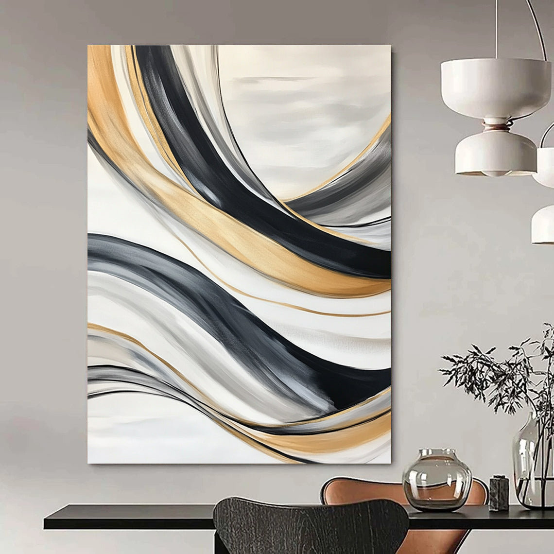 Flowing Gold & Black Abstract Art for Living Room & Luxury Spa STSC739