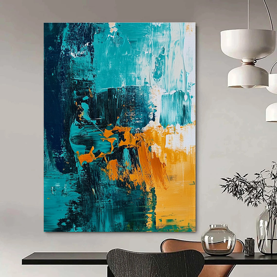 Teal and Orange Abstract Art for Dining Room & Sunroom STSC704
