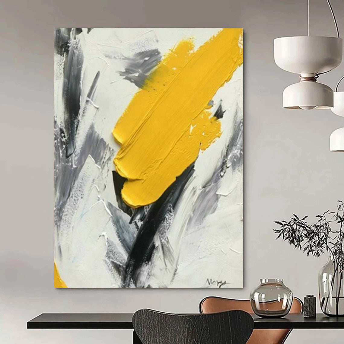 Yellow - Gray Brushstroke Abstract Art for Mid - Century Modern Living Room & Art Teacher’s Studio DLZ1457