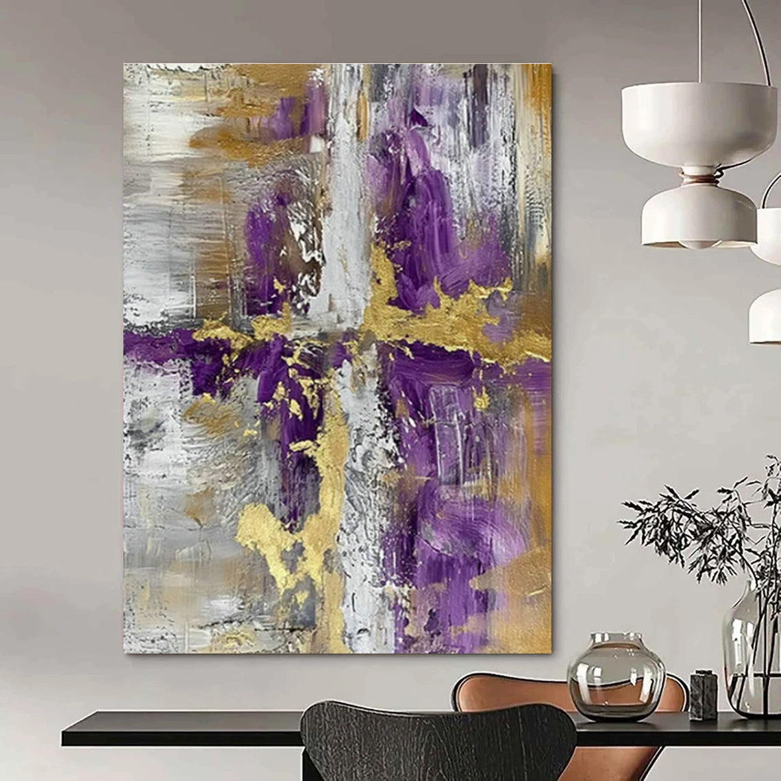 Purple - Gold - Silver Abstract Art for Art Gallery Exhibition & Bohemian - Chic Home DLZ1731