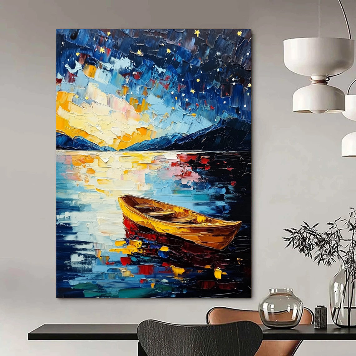 Starry Night Boat on Lake for Romantic Bedroom & Art Gallery Exhibition STSC877