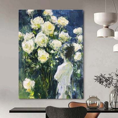 Woman and White Roses Impressionistic Floral Art for Romantic Home Bedroom & Garden - Themed Home Salon STSC1489