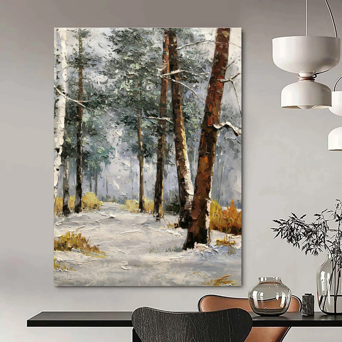 Snowy Forest Oil Painting for Chalet Bedroom & Winter Lodge Lounge DLZ1281
