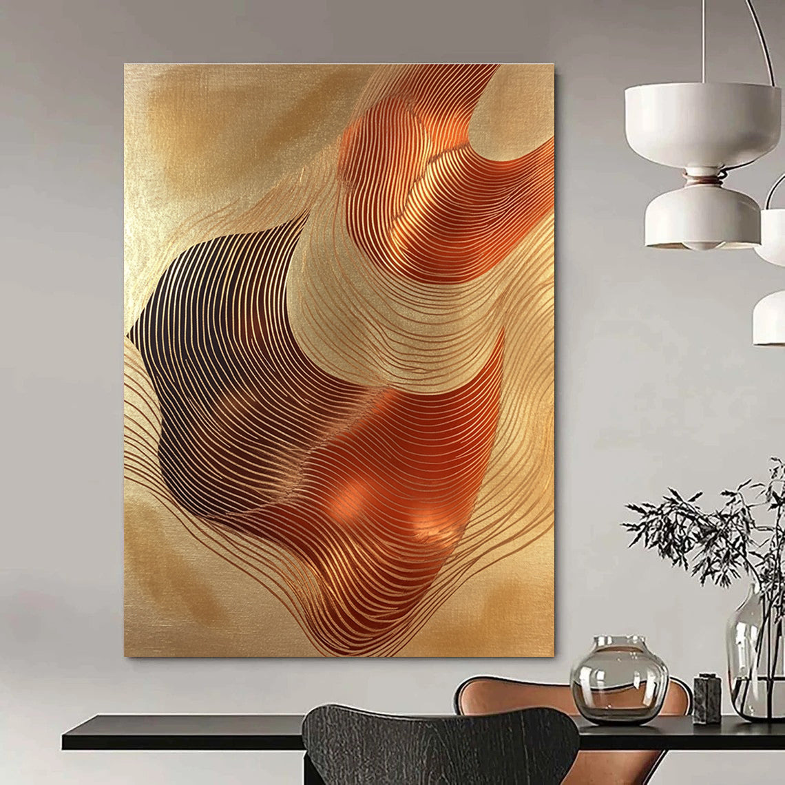 Golden Wavy Lines Art for Luxury Hotel Lobby & Modern Home Living Room STSC1440