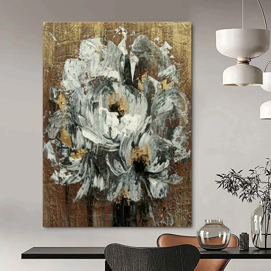 White Flowers with Gold Art for Luxury Home Bedroom & Art - Loving Spa DLZ2107