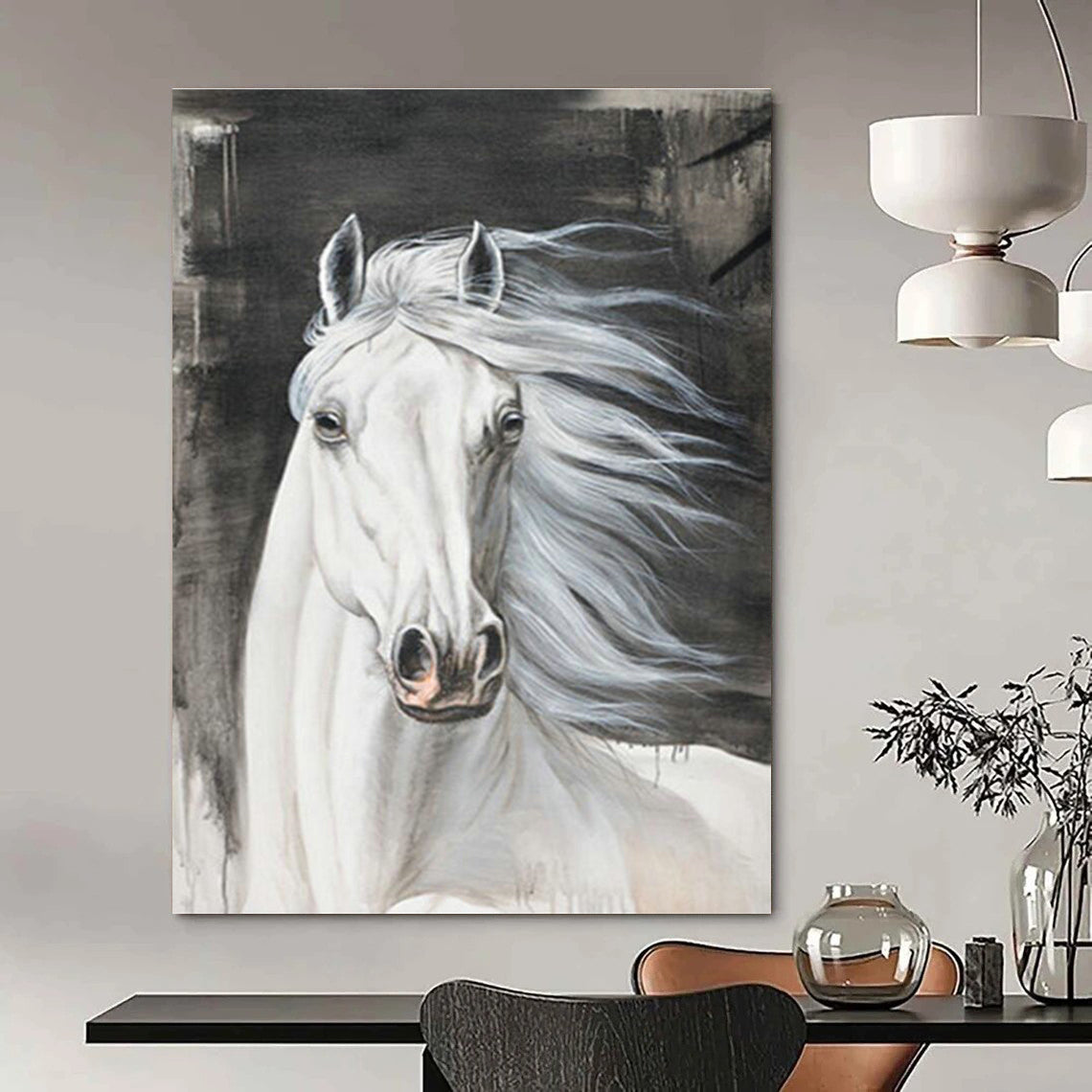 White Horse Portrait Art for Equestrian Clubhouse & Traditional Home Library DLZ2229