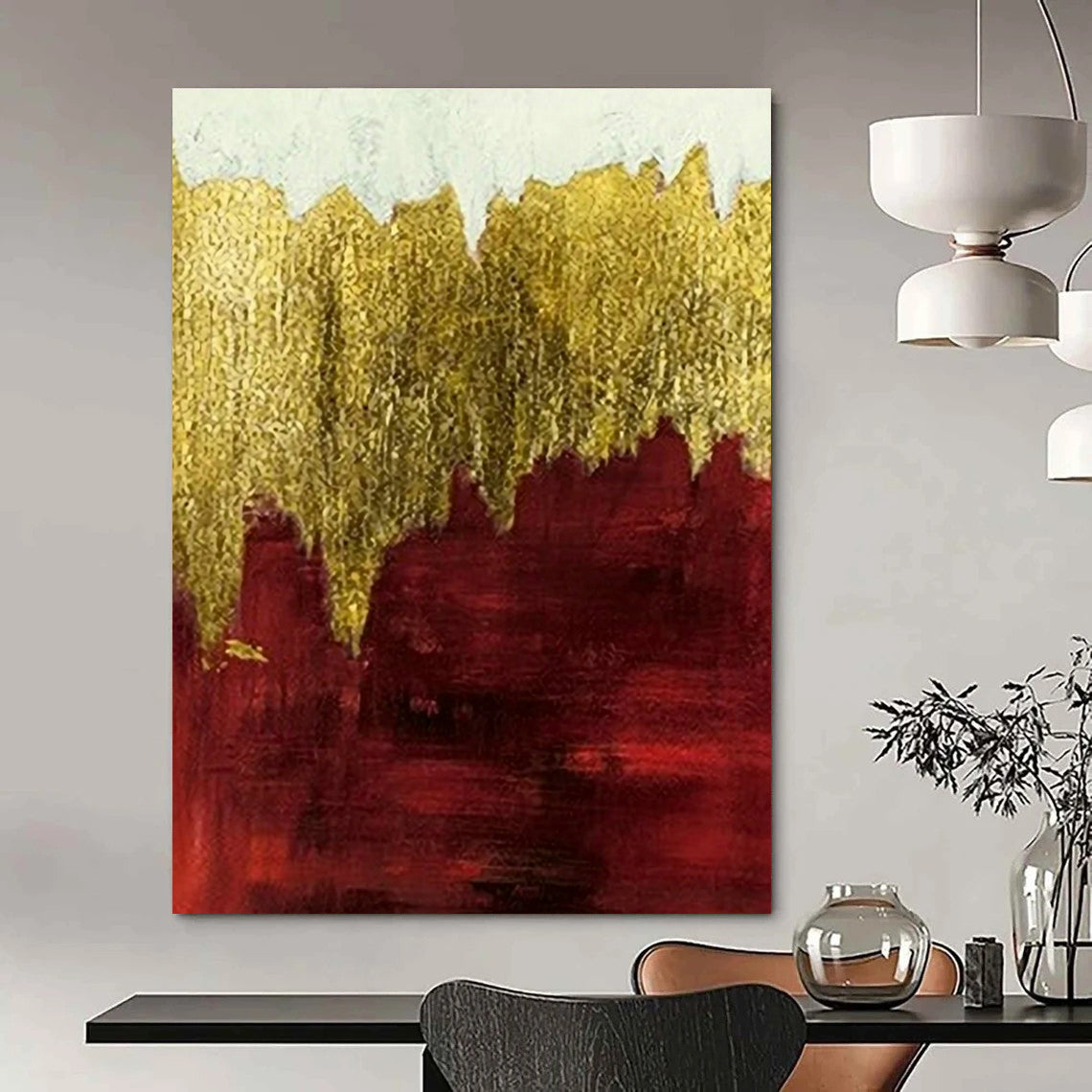 Red - Gold Layered Abstract Art for Traditional Library & Dramatic Dining Room DLZ1346