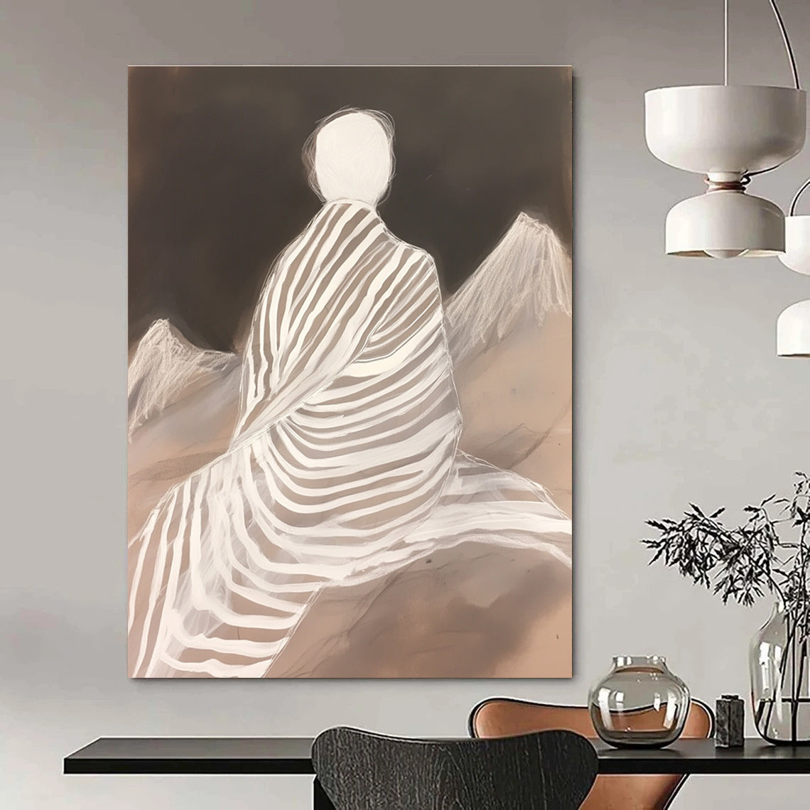 White - Clad Figure with Stripes for Zen Meditation Room & Contemporary Home Library STSC1292