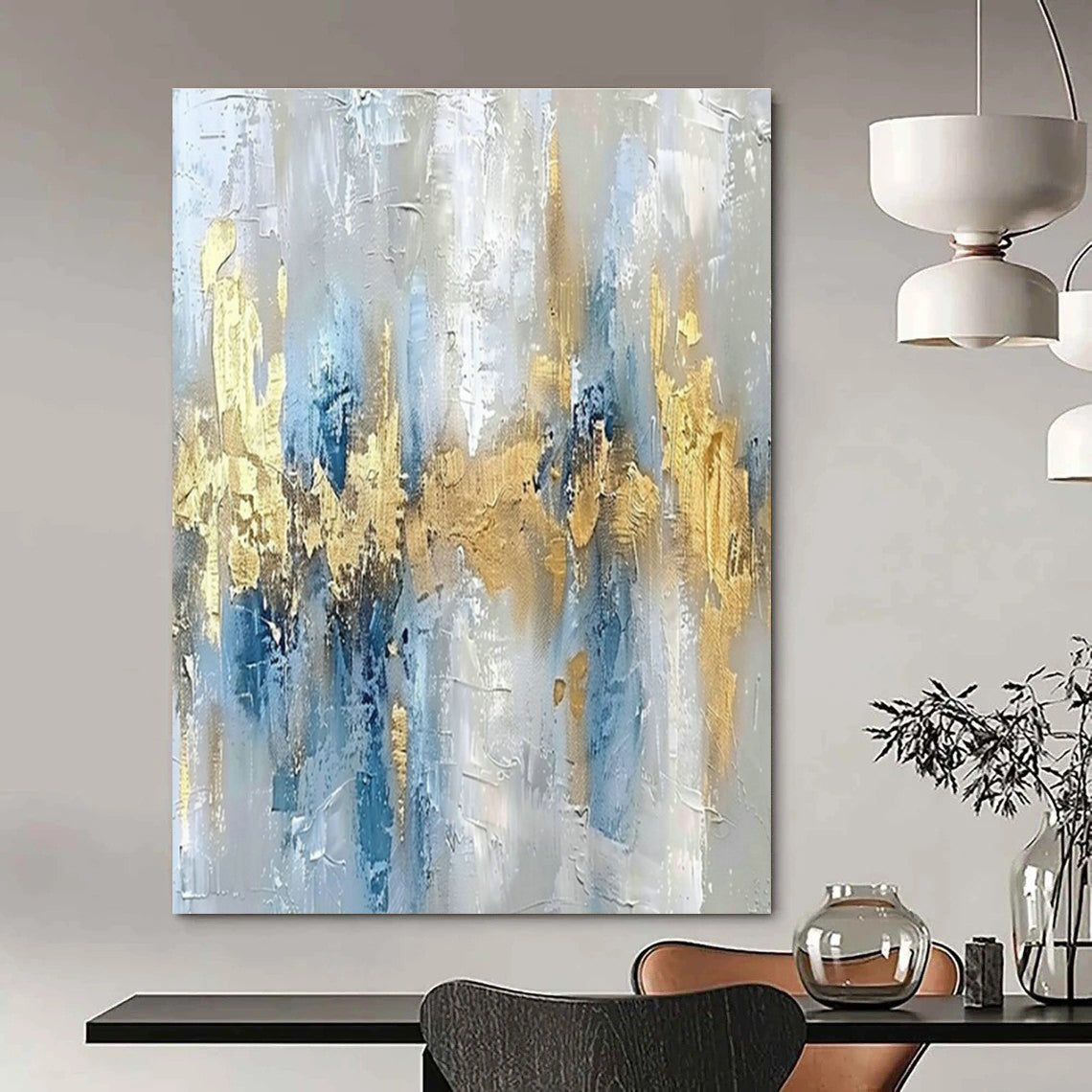 Gray - White - Blue - Gold Abstract Art for Mountain Chalet & Contemporary Hotel Suite DLZ1908
