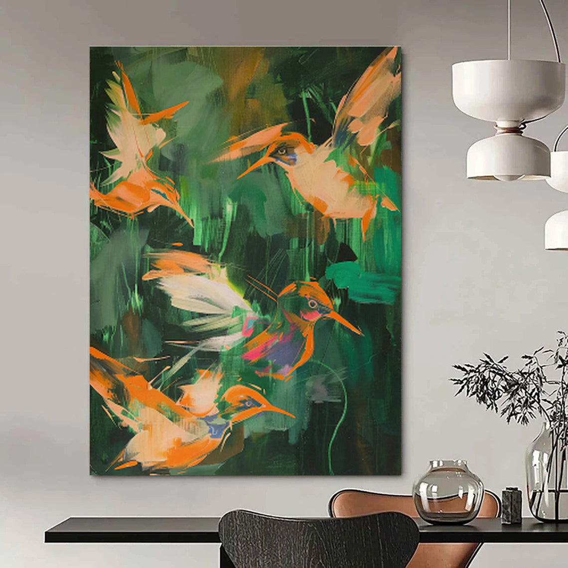 Orange Birds in Jungle Abstract Art for Tropical Resort & Nature - Lover’s Bedroom DLZ0681
