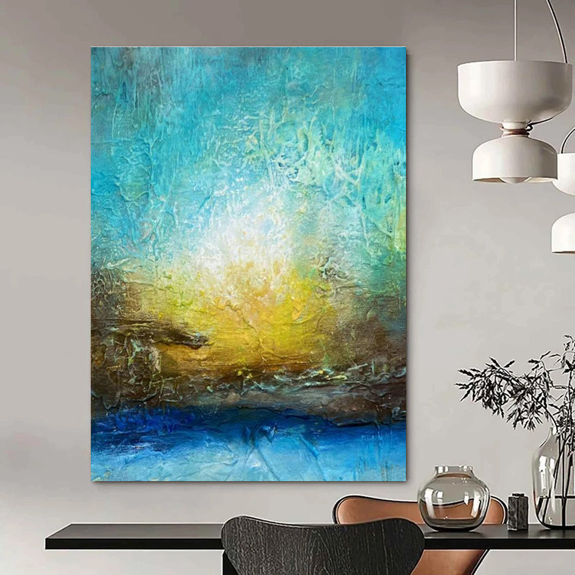 Blue - Yellow Abstract Art for Lakeside Cabin Bedroom Walls DLZ0046