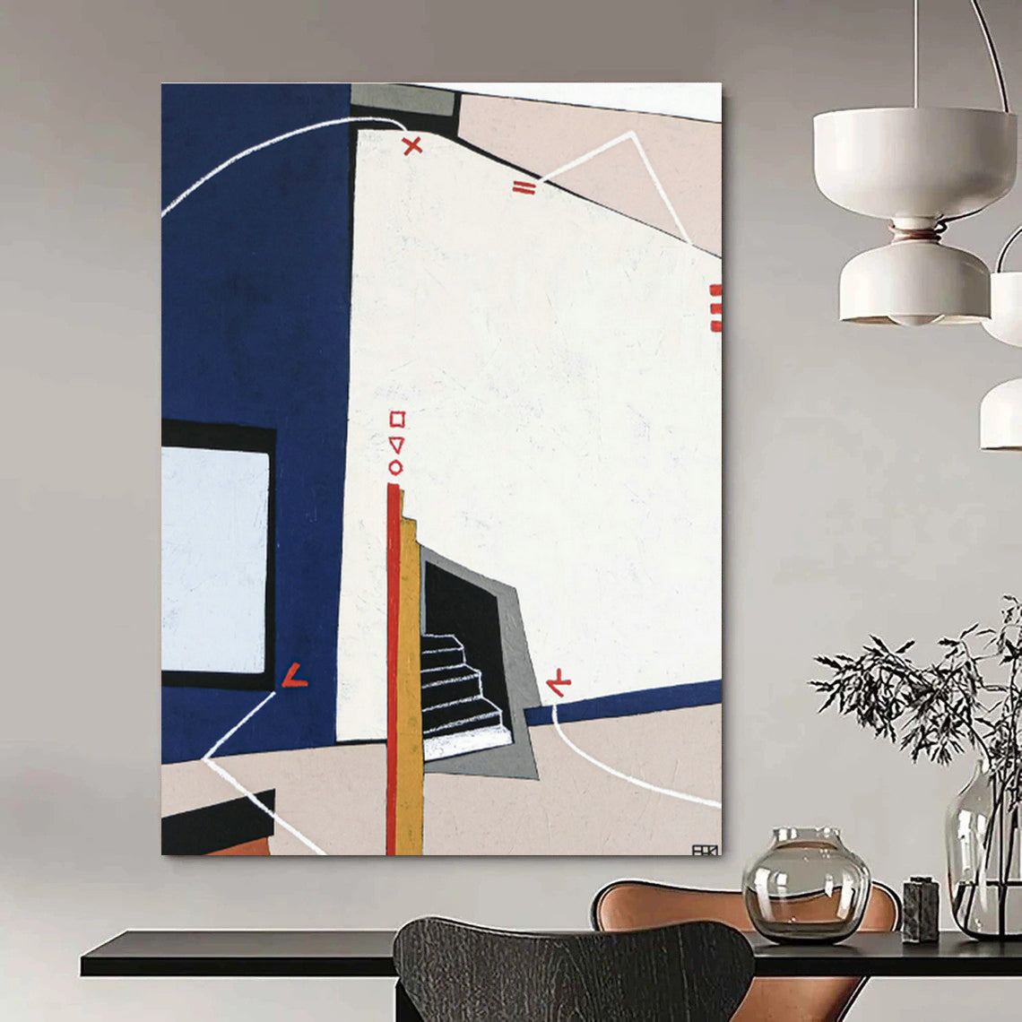 Blue - White - Red Geometric Abstract Art for Architectural Firm & Home Library DLZ1113
