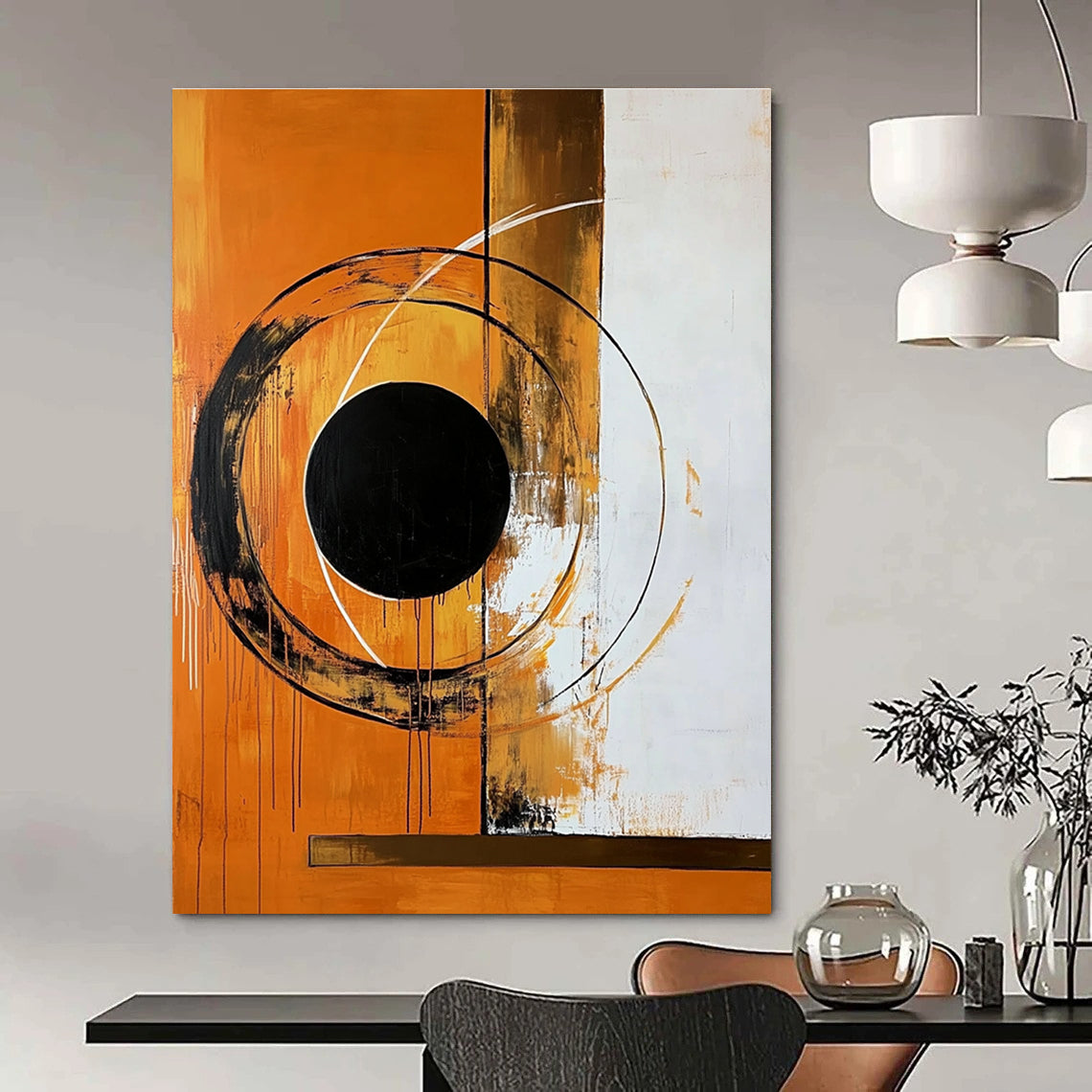 Orange and Black Circular Abstraction Art for Industrial - Style Loft & Modern Art Pop - Up STSC1354