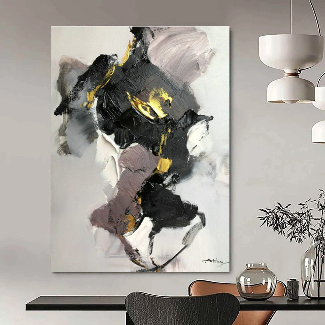 Black, Gray & Gold Abstract Art for Contemporary Dining Room & Urban Art Studio DLZ0822