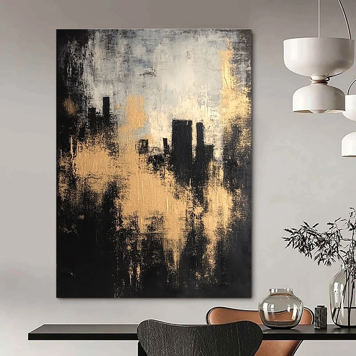 Gold - Accented City Silhouette for Urban - Style Home Office & Modern Art Gallery STSC213