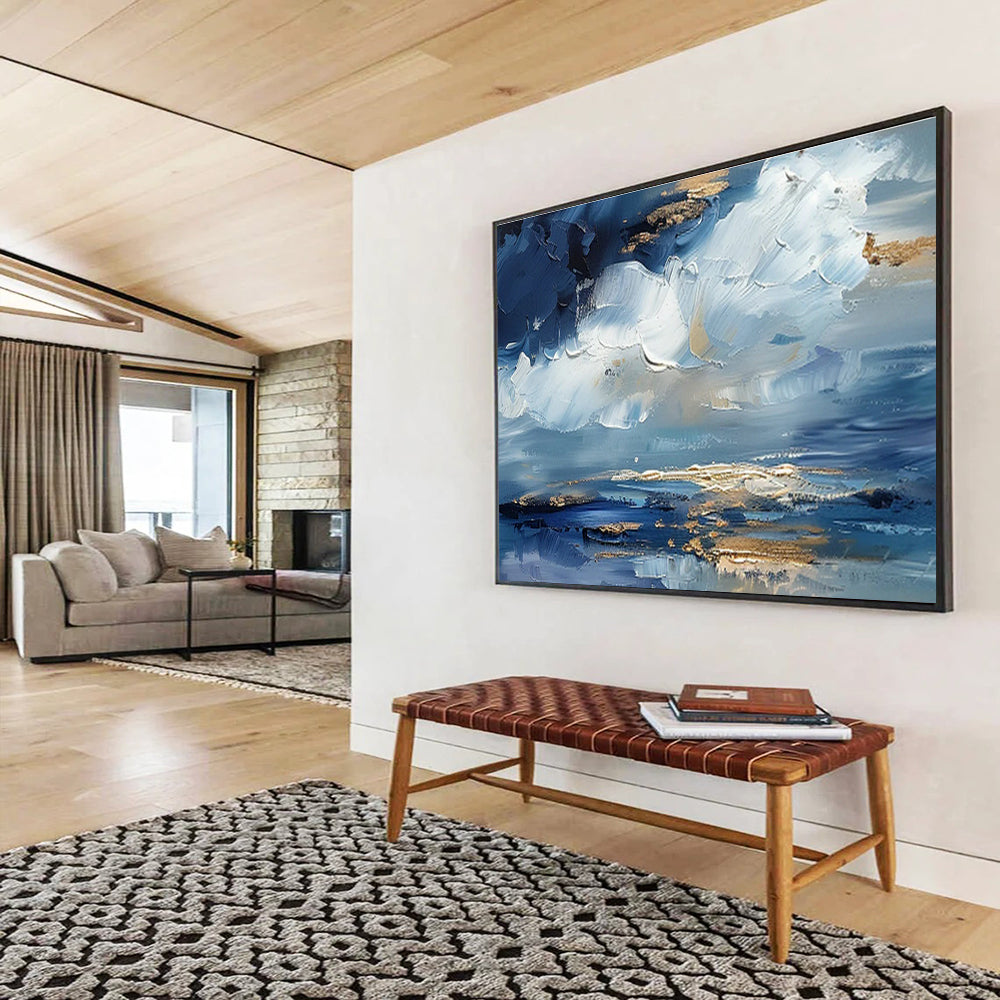 Impasto Blue - Gold Cloud Art for Serene Home Office Focus DLZ3068