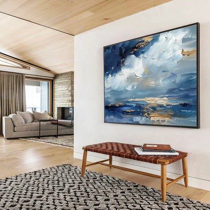 Impasto Blue - Gold Cloud Art for Serene Home Office Focus DLZ3068