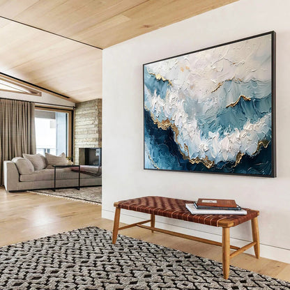 Blue - Gold Ocean Wave Oil Painting for Luxury Bathroom Retreats DLZ2540