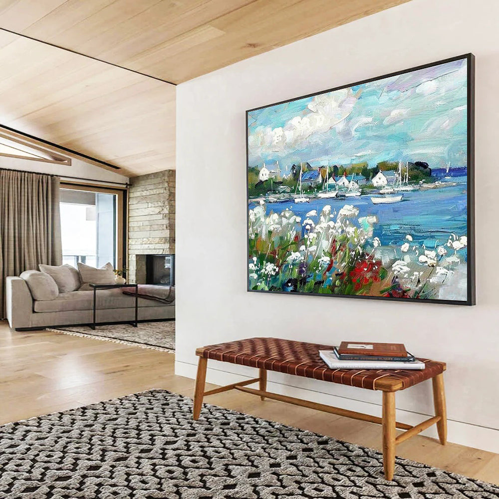 Coastal Town Landscape Art for Nautical - Themed Dining Area DLZ2834