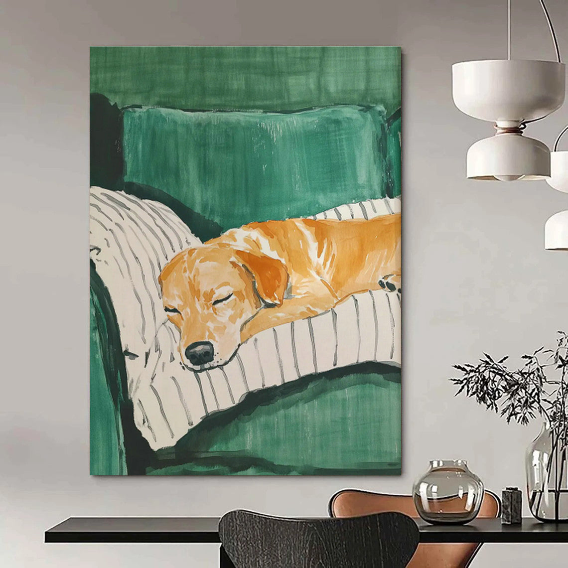 Dog Sleeping on Green Sofa Art for Pet - Friendly Home & Vet Clinic Waiting Room DLZ0688