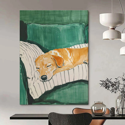 Dog Sleeping on Green Sofa Art for Pet - Friendly Home & Vet Clinic Waiting Room DLZ0688